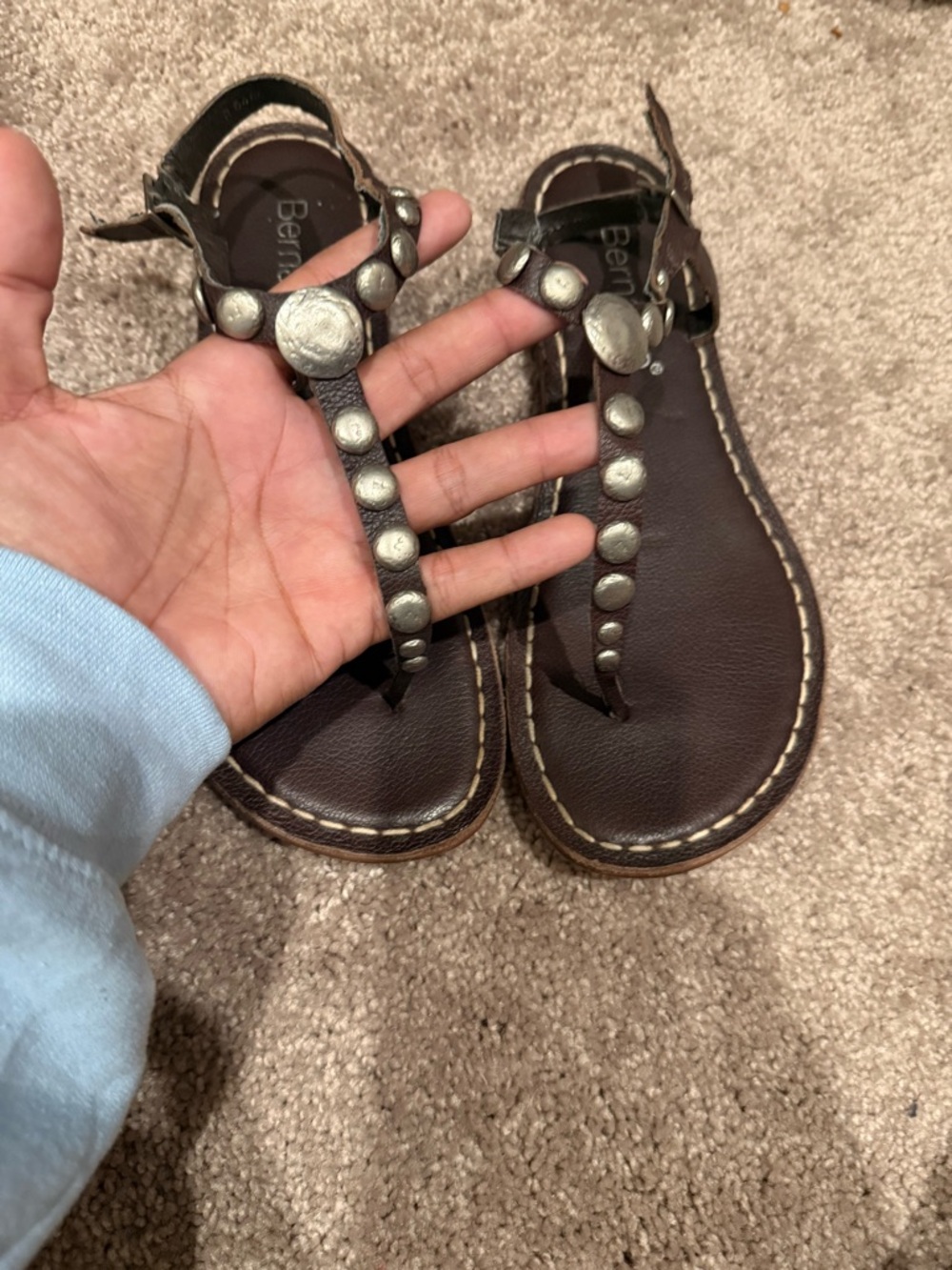 Bernardo Brown Leather T-strap Sandals with Silver Studs